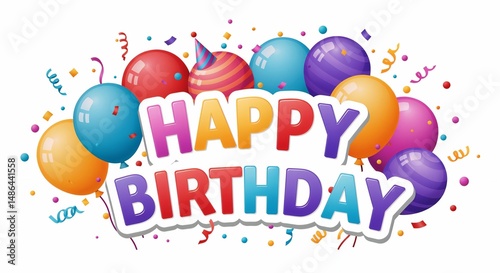 Colorful birthday balloons and festive decorations with text  