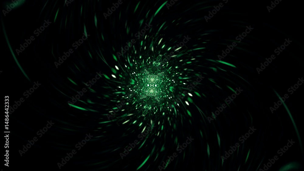 Fototapeta premium Futuristische grüne leuchtende Lichtpartikel die sich im spiralförmig Zentrum bündeln – Abstrakte Hightech-Visualisierung für moderne Technologiekonzepte, Technologie, Wissenschaft, Forschung 