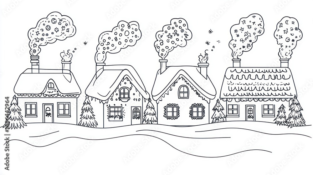 Fototapeta premium Snowy cartoon houses, winter village, illustration, coloring book, kids, educational, printable, background