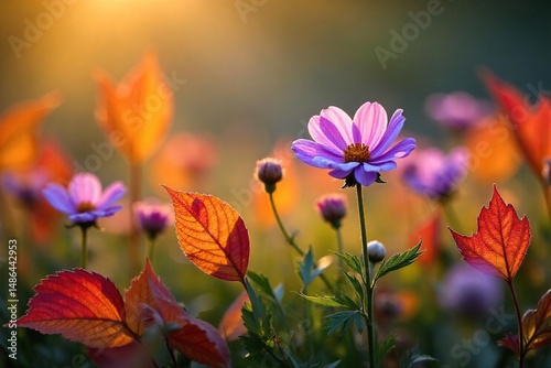 Vibrant wildflowers contrasting with fiery autumn leaves, close-up, detail, texture, seasonal change ,  close-up, wildflower