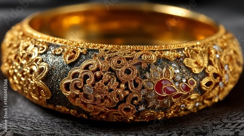 Elegant Gold Bracelet with Intricate Filigree and Gemstones Luxury Jewelry Photography for Hig photo