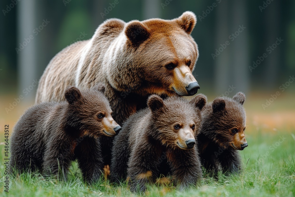 Fototapeta premium Brown bear family in a grassy forest.