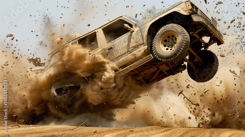 Stunt performer jumping in mid-air during intense car chase with flying dust and debris, action-packed adrenaline rush and high-speed motion concept.