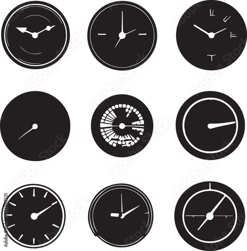Black and White Clock Icons: Minimalist Design, Timekeeping Concepts