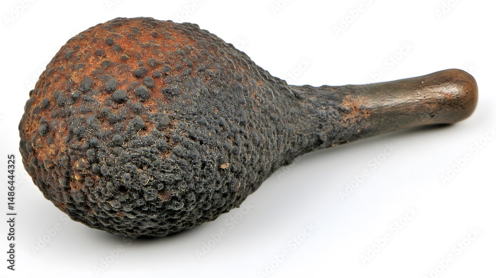 Textured Dark Brown Stone Object, Ancient Relic, Artifact, Rough Surface, Handle, Isolated on White Textured Dark Brown Stone Object, Ancient Relic, Artifact, Rough Surface, Handle, Isolated on White