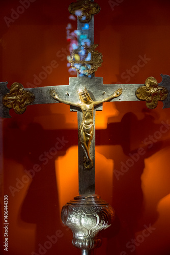 Ancient processional cross (14th century) of Jesus Christ crucified on the cross.