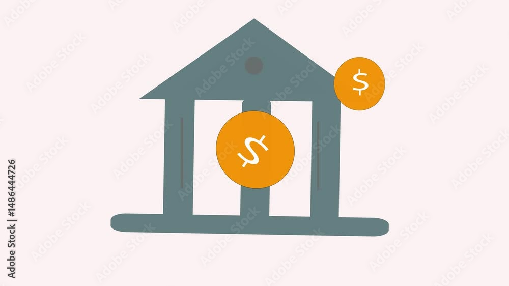 Bank building icon with dollar coins animation symbolizing financial institutions, money deposits, investment growth, and economic prosperity. Bank building icon with dollar coins animation symbolizing financial institutions, money deposits, investment growth, and economic prosperity.