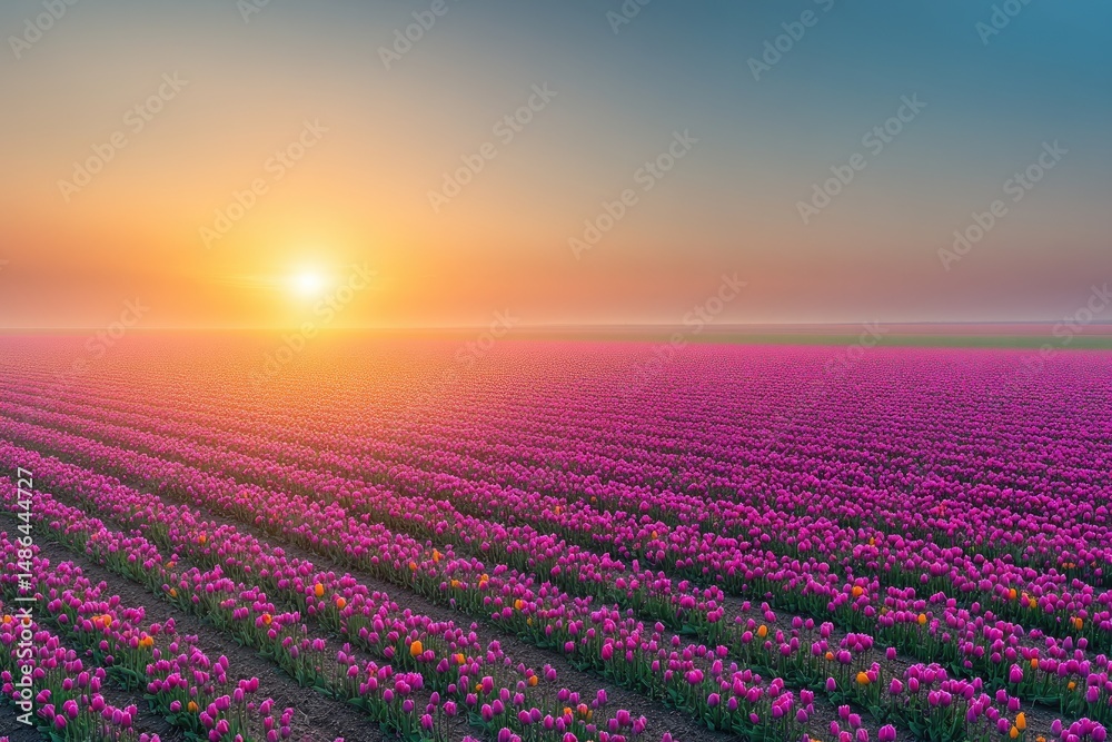 Naklejka premium Vast field of vibrant tulips at sunrise, bathed in golden light.