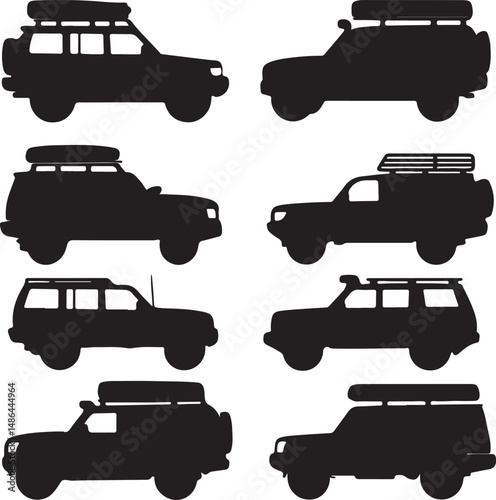 Black SUV Silhouette Set: Off-Road Vehicles with Roof Racks