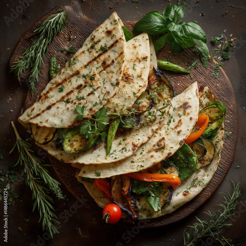 Armenian lavash wraps with fresh herbs and grilled vegetables