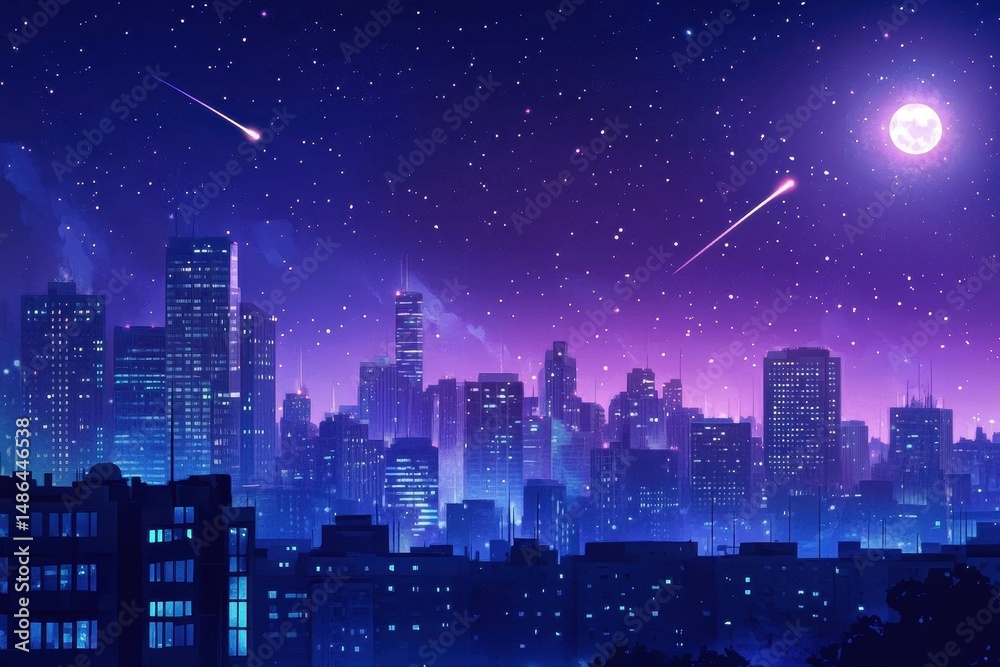 Naklejka premium Vibrant animated cityscape at night illuminated by moonlight and shooting stars, Animated city background at night with moonlight and shooting stars ing time-lapse Photo