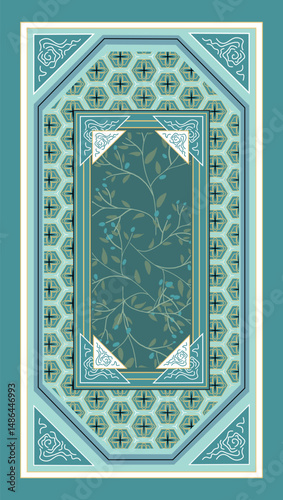 Intricate ornamental illustration. Floral pattern with geometric frame in teal tones.