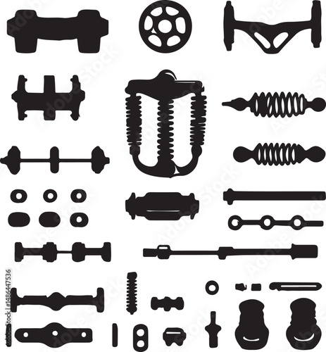 Black Silhouettes of Mechanical Parts: Gear, Spring, Axle, and More