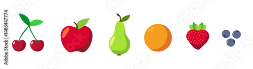 juicy Fruit & Berry illustration vektor icon set: Cherry, Apple, Pear, Orange, Strawberry, Blueberry.