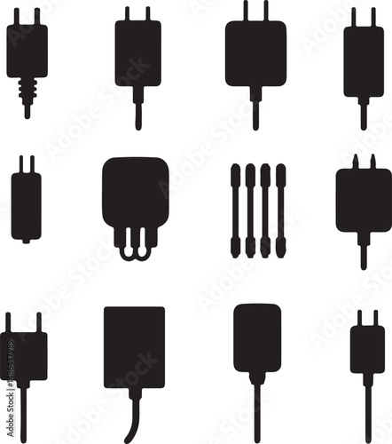 Black Silhouette Icons: Charger Adapters, Power Plugs, and Cotton Swabs