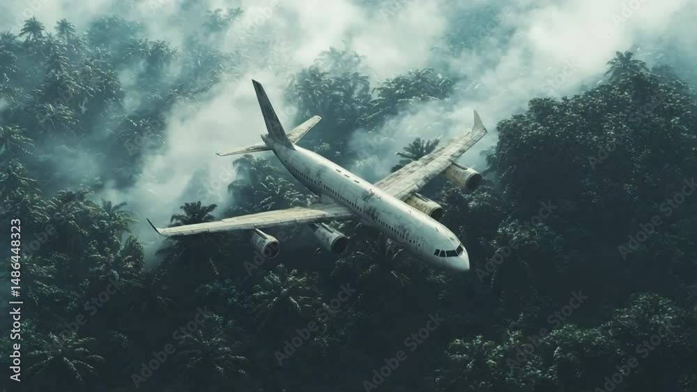 Lost Flight Above Jungle: A passenger plane flies precariously through the fog, soaring above a thick, untouched tropical jungle. Illustrating the challenges of travel.