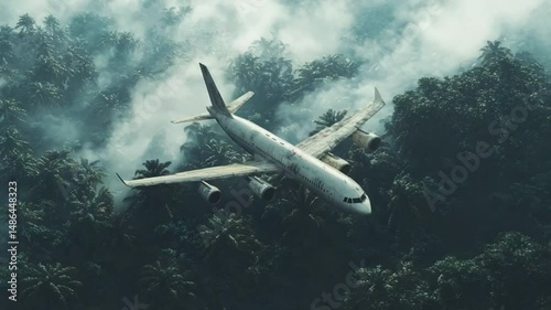 Wallpaper Mural Lost Flight Above Jungle: A passenger plane flies precariously through the fog, soaring above a thick, untouched tropical jungle. Illustrating the challenges of travel. Torontodigital.ca