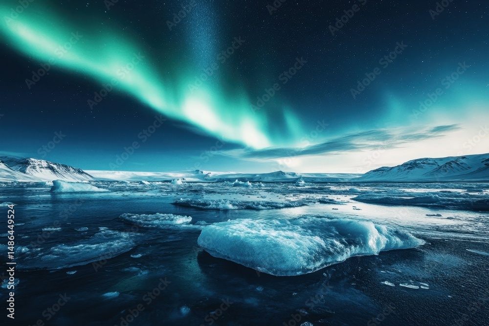 Fototapeta premium Aurora borealis illuminates icy landscape at Jokulsarlon in Iceland during nighttime, Aurora borealis over ice on shore Jokulsarlon Iceland vertical
