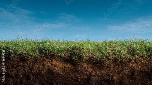 Vibrant Green Grass Soil Texture Surface under Blue Sky