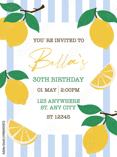 Birthday invitation card with yellow lemons, lemon slices, and green leaves on a blue striped background. Fun and bright design for a 30th birthday celebration.