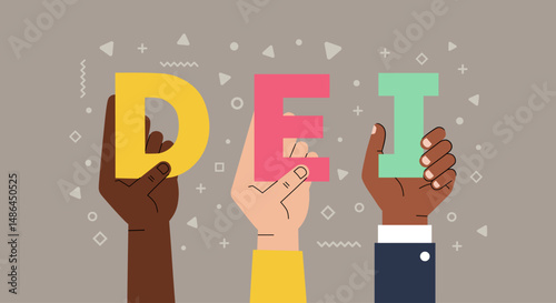Diverse hands holding colorful DEI letters