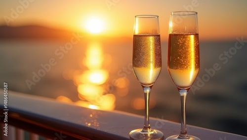 Two champagne glasses reflecting golden sunset light on cruise ship railing