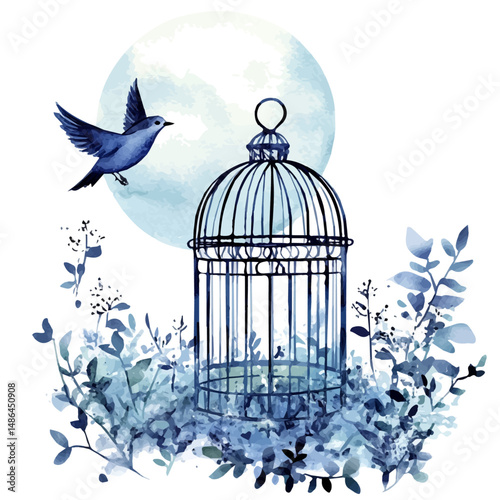 Empty Birdcage Under Moonlight, watercolor illustration vector, high quality, isolated on a white background.