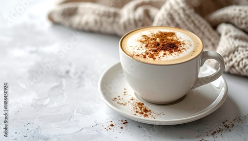 White Cappuccino Cup On Saucer And Beige Sweater In The Background Overhead Soft Lighting