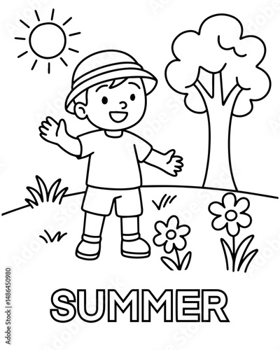 Smiling boy enjoying sunny weather and nature, with SUMMER label for seasonal learning, designed as an engaging black and white coloring page