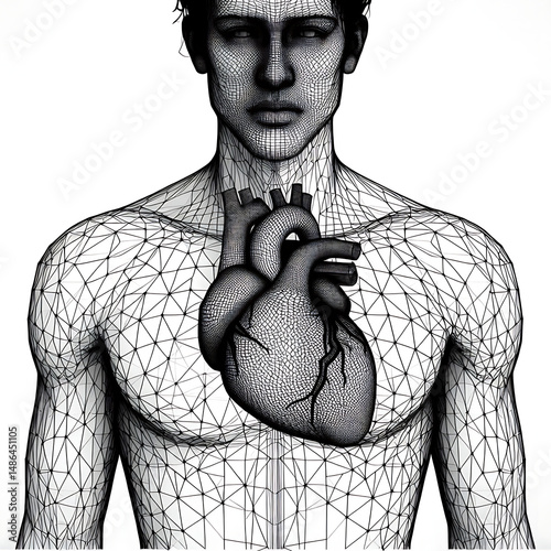 Monochrome polygonal black wireframe line of human heart illustration isolated on white background