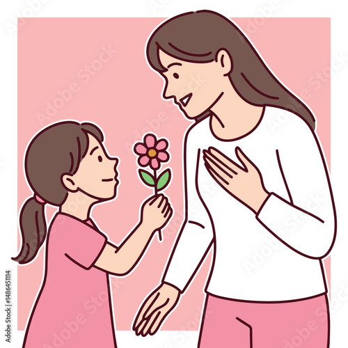 Young girl gives a flower to her mother, who smiles warmly and places her hand on her chest in emotional reaction. Tender moment of appreciation and bonding between parent and child