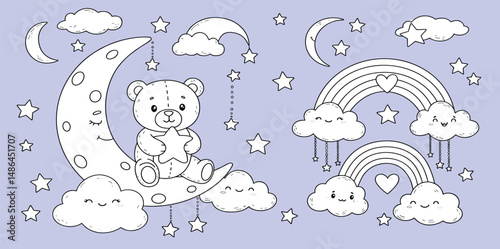 cute animal easy coloring page. bear cub on moon. ready to print on standard