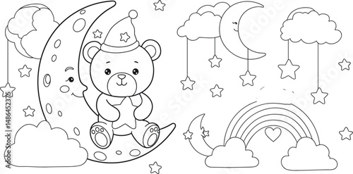 cute animal easy coloring page. bear cub on moon. ready to print on standard