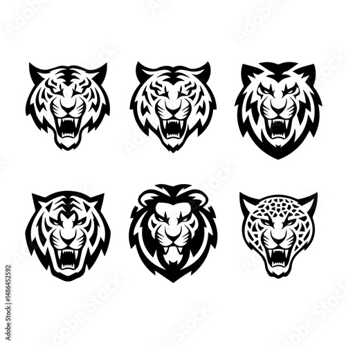 Set of six black-and-white vector emblems featuring stylized lion and tiger heads in various fierce and symmetrical expressions, ideal for logos or mascot designs.