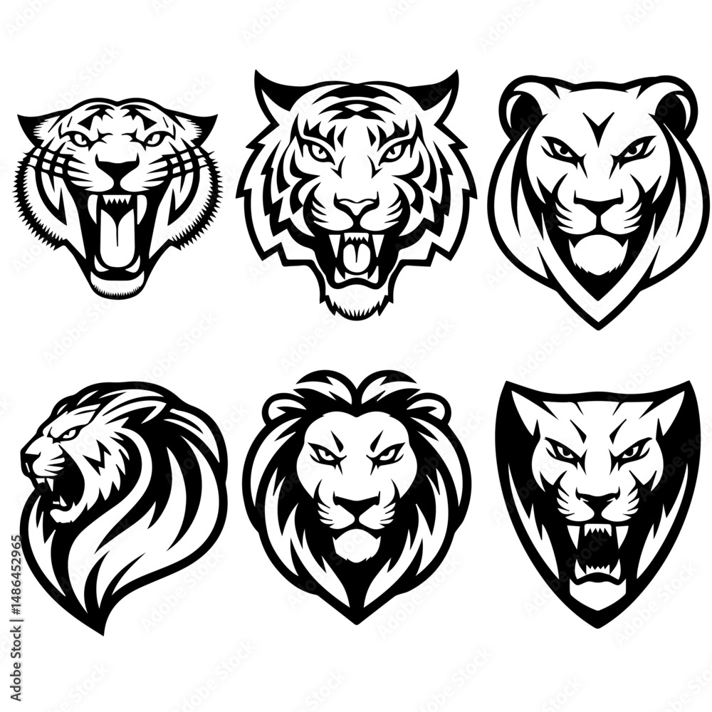 Obraz premium Set of six black-and-white vector emblems featuring stylized lion and tiger heads in various fierce and symmetrical expressions, ideal for logos or mascot designs.