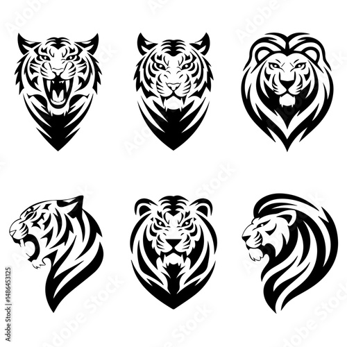 Set of six black-and-white vector emblems featuring stylized lion and tiger heads in various fierce and symmetrical expressions, ideal for logos or mascot designs.