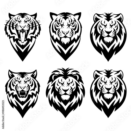 Set of six black-and-white vector emblems featuring stylized lion and tiger heads in various fierce and symmetrical expressions, ideal for logos or mascot designs.