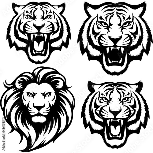 Set of six black-and-white vector emblems featuring stylized lion and tiger heads in various fierce and symmetrical expressions, ideal for logos or mascot designs.