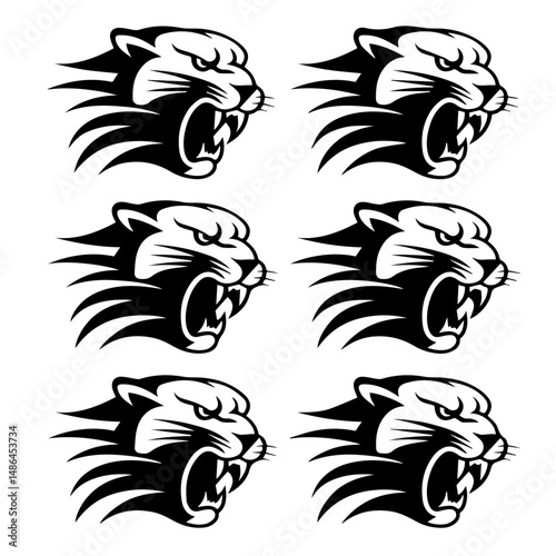 Set of six black-and-white vector emblems featuring stylized lion and tiger heads in various fierce and symmetrical expressions, ideal for logos or mascot designs.