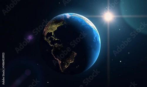 Abstract animation of planet Earth with night side and lights on background of stars. Animation. Sides of day and night of planet Earth in outer space with bright shining star