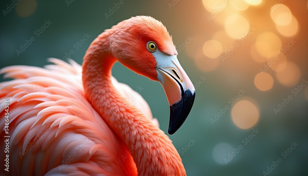 Fototapeta premium A close-up of a pink flamingo with a blurred bokeh background