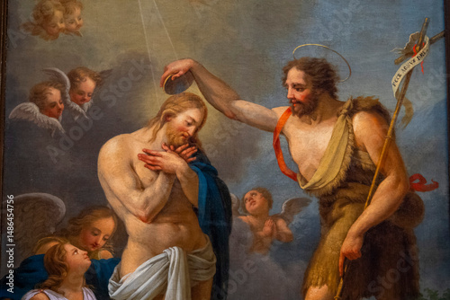 Photography Baptême de Jésus, Painting (19th century) of Baptism of Jesus by John the Baptist in the Jordan river