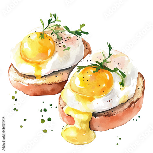 Eggs Benedict With Hollandaise, watercolor vector, high quality, isolated on a white background.