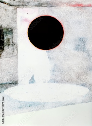 Surreal Abstract with Black Circle and Ethereal Light Texture. This surreal abstract artwork features a stark black circle suspended above a pale, glowing ground, framed by soft watercolor textures 