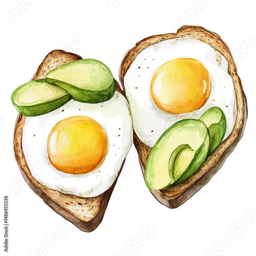 Eggs And Toast With Avocado Slices, watercolor drawing vector, high quality, isolated on a white background.