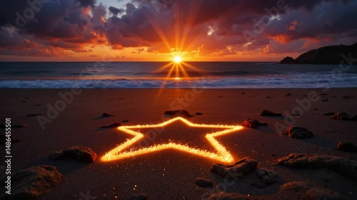 Star shape drawn in sand on beach during sunset by the ocean  