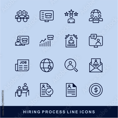 Now Hiring Process Line Icons. Recruitment, Job Application, Interview, Candidate Selection Vector Set