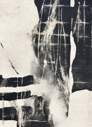 Textured Abstract with Grid Impressions and Raw Vertical Forms. This abstract artwork features a bold interplay of vertical black forms and scratched grid lines. 