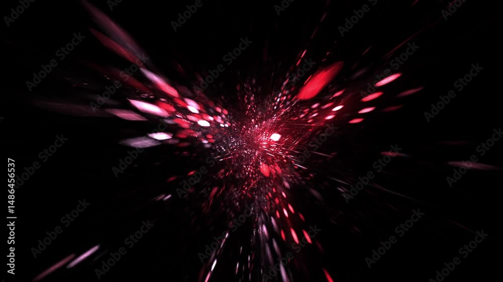 energiegeladene leuchtende Teilchen die Richtung Bildmitte gleiten, Leuchtende glühend rote Teilchenströme, Internet, Daten, künstliche Intelligenz, Forschung, Wissenschaft, Technologie, schwarz