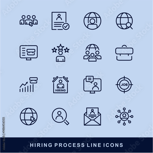 Now Hiring Process Line Icons. Recruitment, Job Application, Interview, Candidate Selection Vector Set